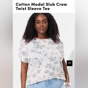 NWT Torrid cotton modal slub crew twist sleeve tee, tropical print.